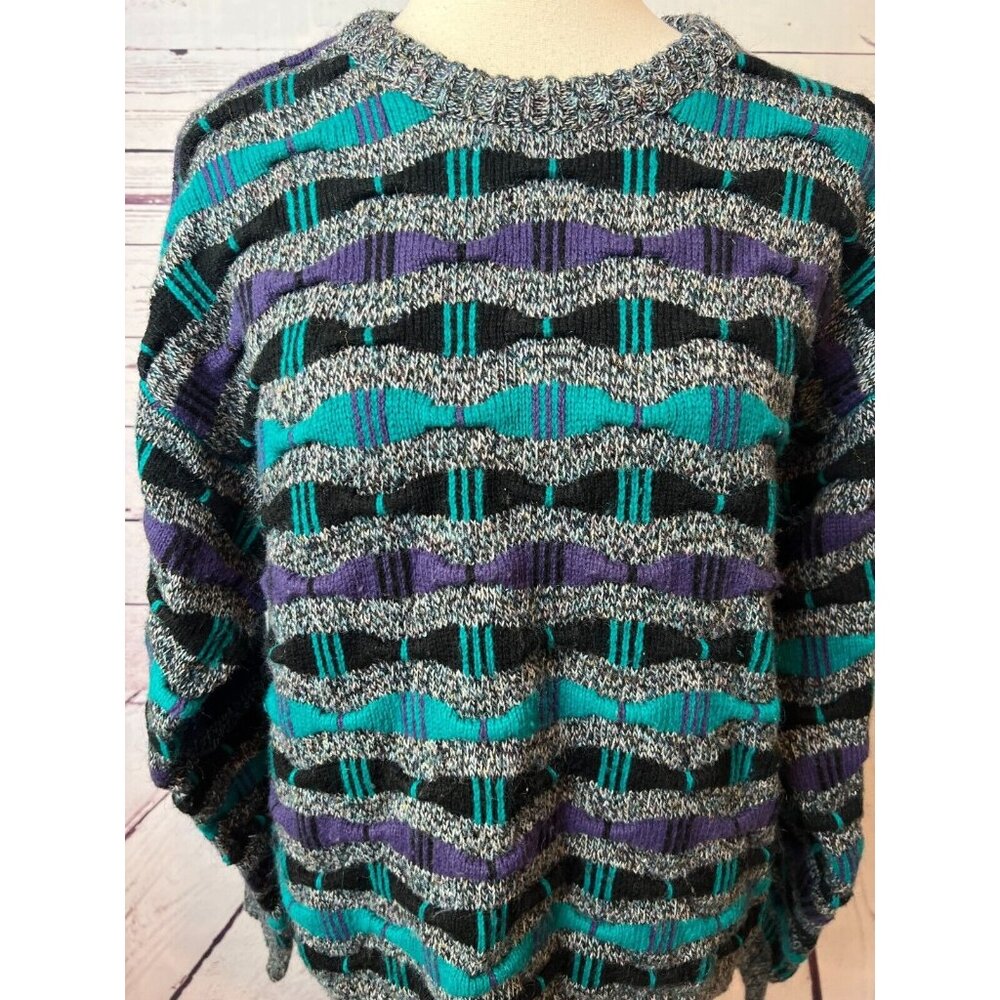 Concrete‎ Mix Sweater Pullover Large 3D Chunky Knit Striped Vintage 80s Textured